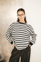 Oversized Stripe Long Sleeve Top - Black