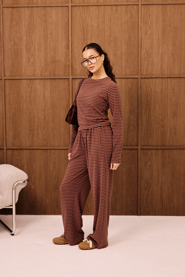 Pink Stripe Soft Touch Long Sleeve Top & Button Detail Wide Leg Jogger - Chocolate