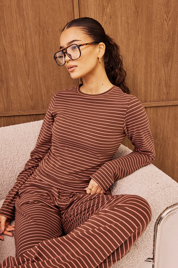 Pink Stripe Soft Touch Long Sleeve Top - Chocolate