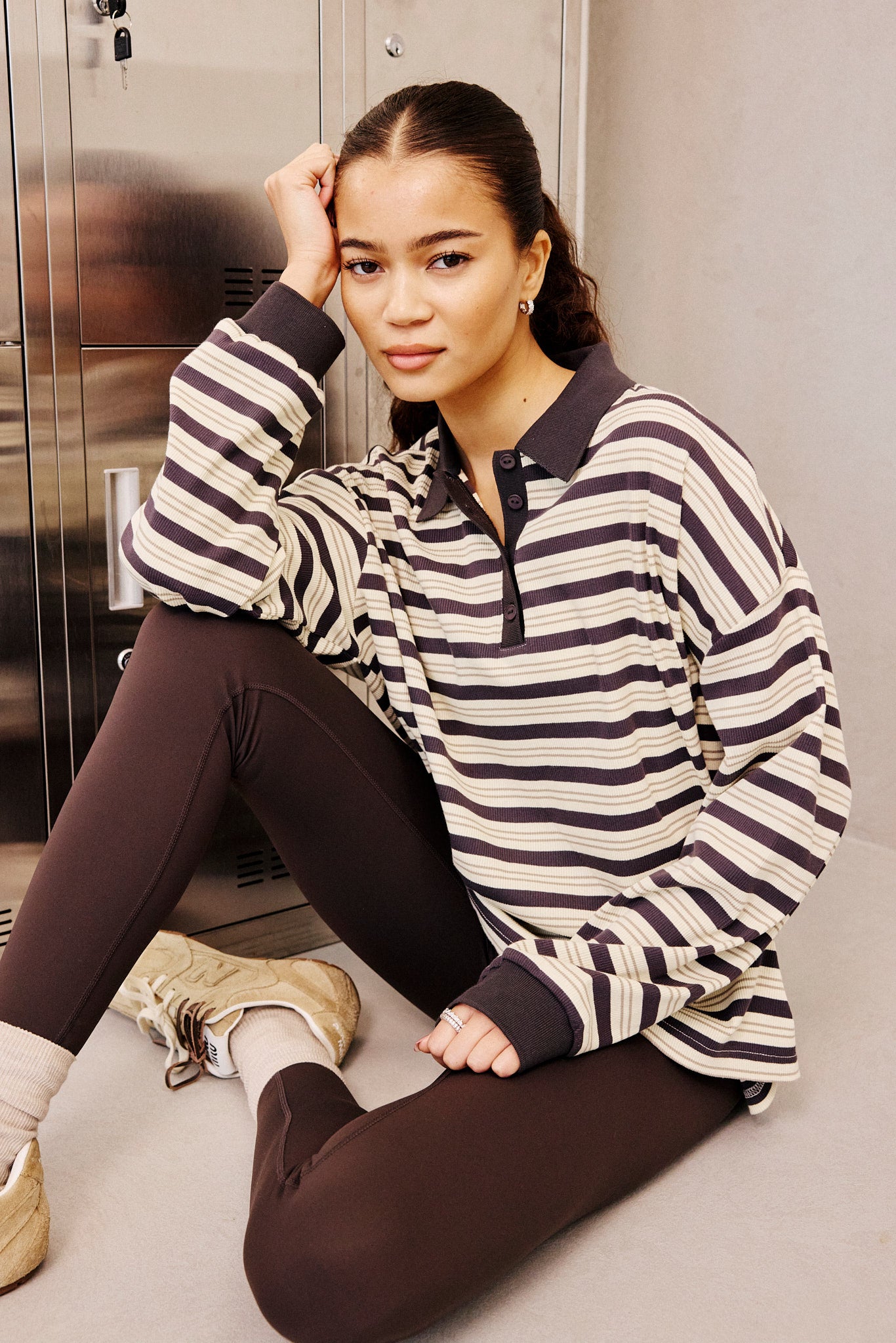 Oversized Textured Stripe Polo Top - Grey