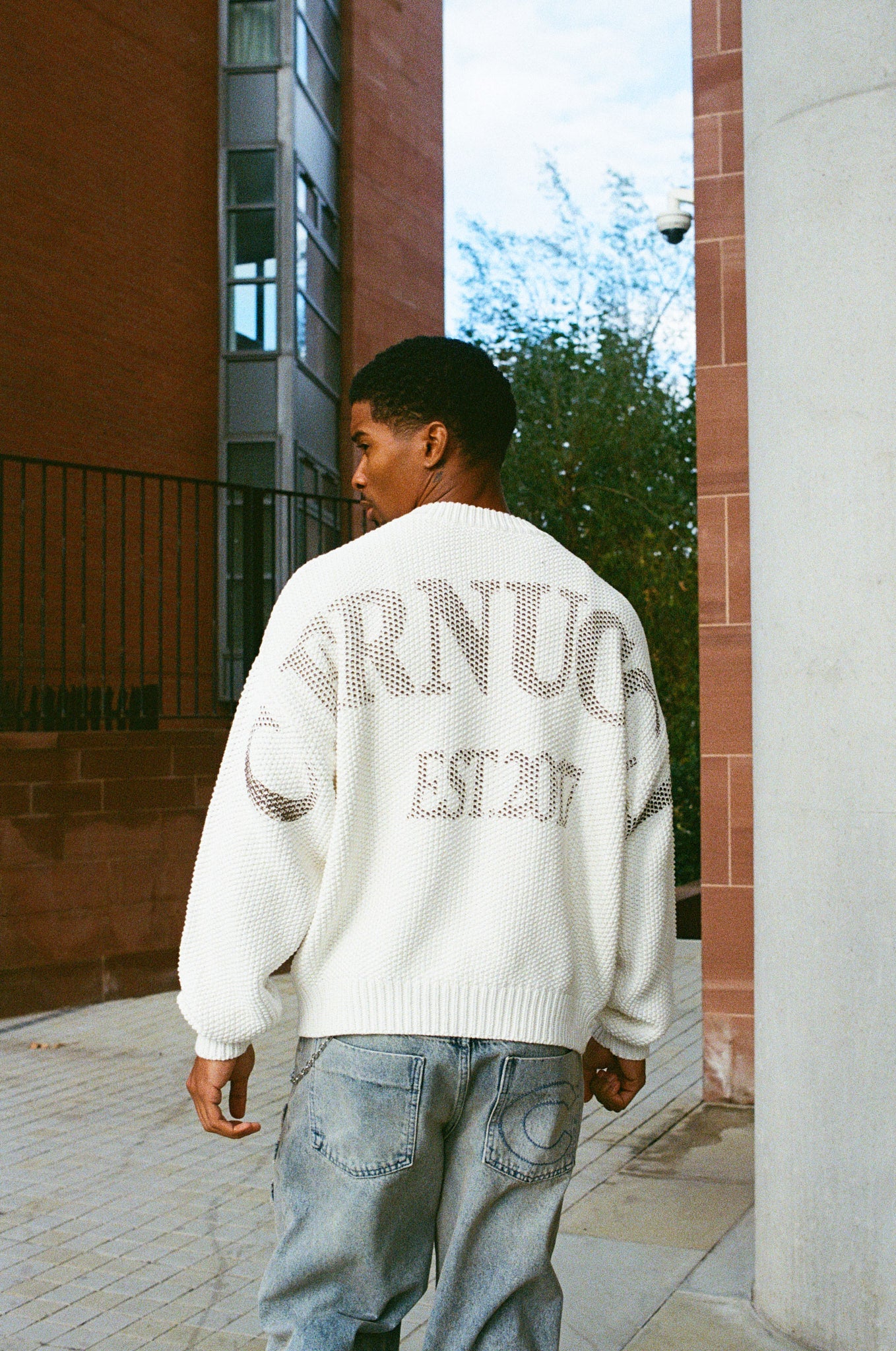 Textured Knit Printed Sweatshirt - Off White | Mens Knitwear