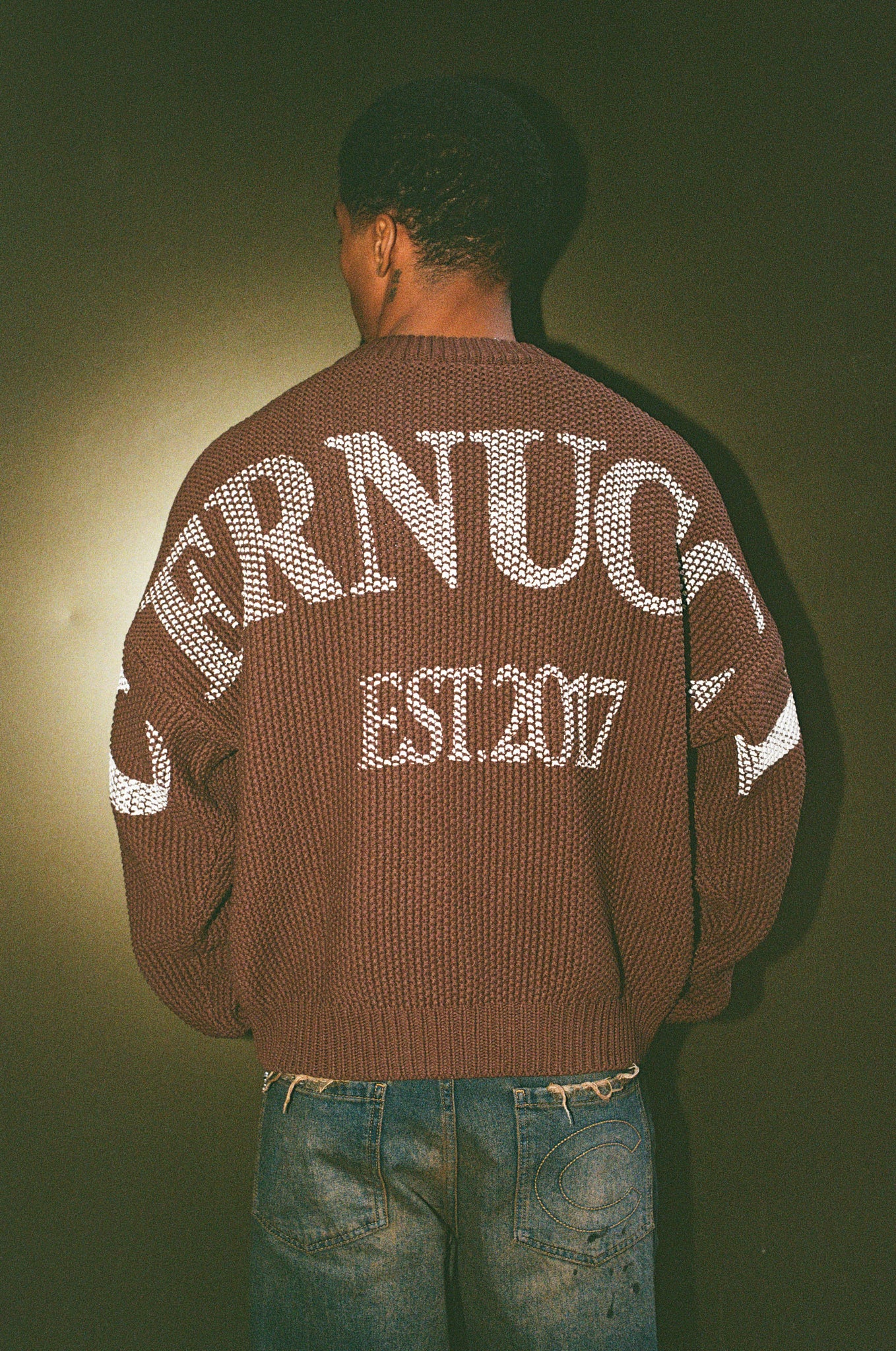 Textured Knit Printed Sweatshirt - Chocolate