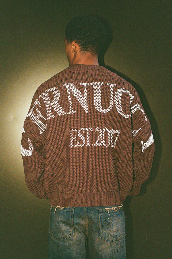 Textured Knit Printed Sweatshirt - Chocolate