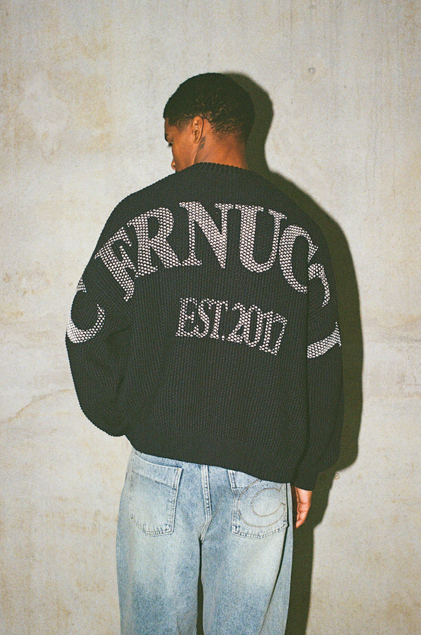 Textured Knit Printed Sweatshirt - Navy Blue