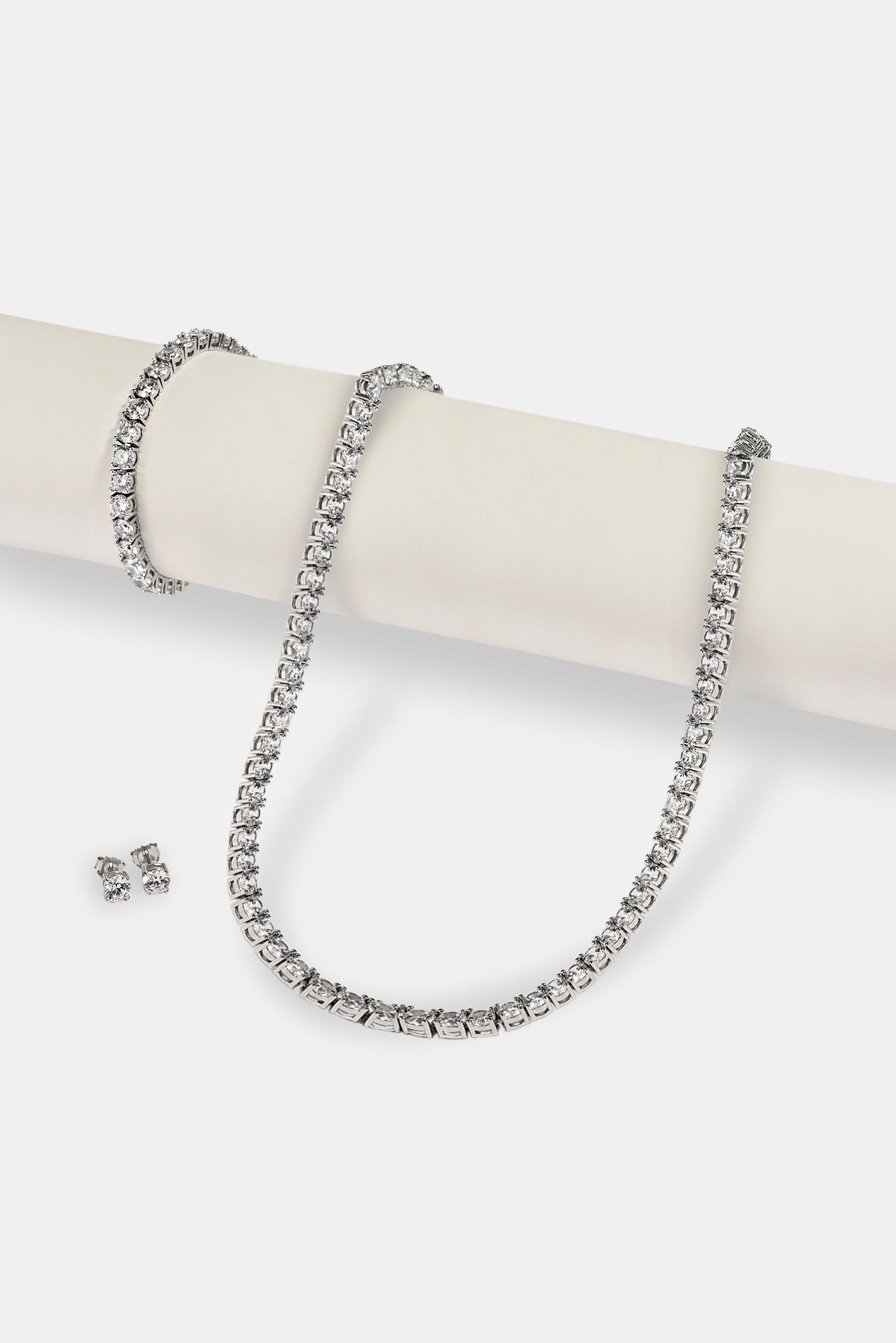 5mm Tennis Bracelet, Chain & Round Cut Stud Earring - 6mm - White