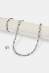 5mm Tennis Bracelet, Chain & Round Cut Stud Earring - 6mm - White