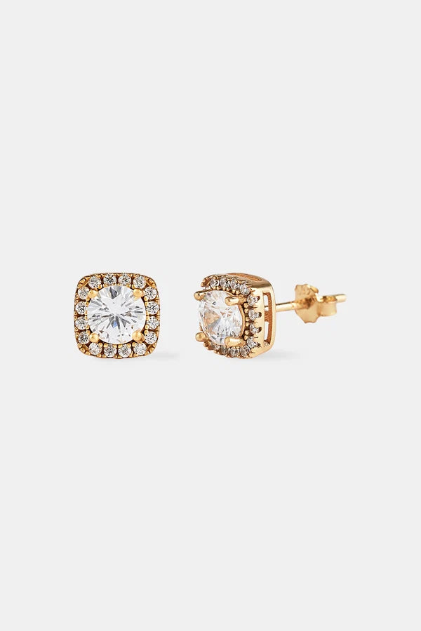7mm Iced Cluster Stud Earrings & 6mm Round Cut Stud Earrings - Gold