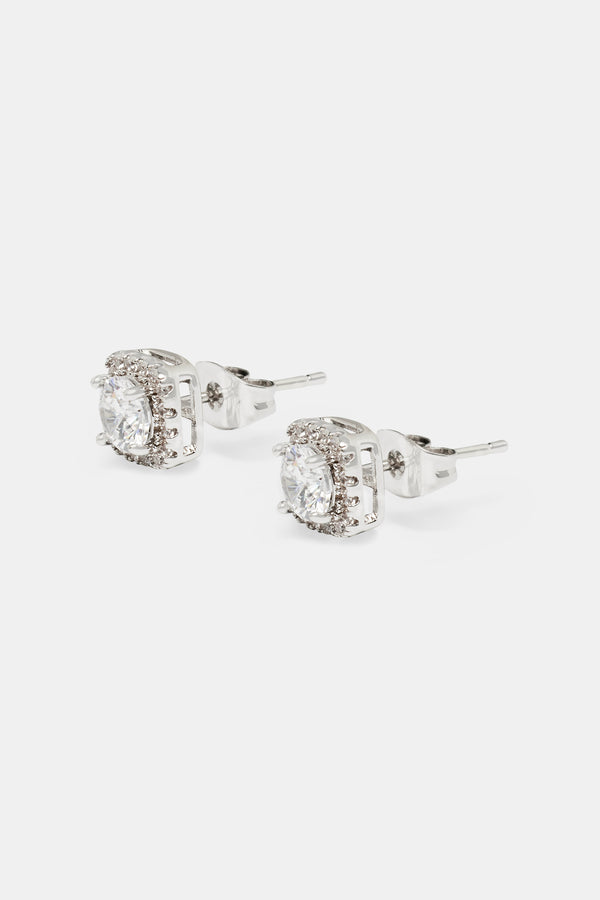 7mm Iced Cluster Stud Earrings - White Gold