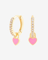 12mm Iced Pink Enamel Drop Heart Huggie Hoop Earrings - Gold