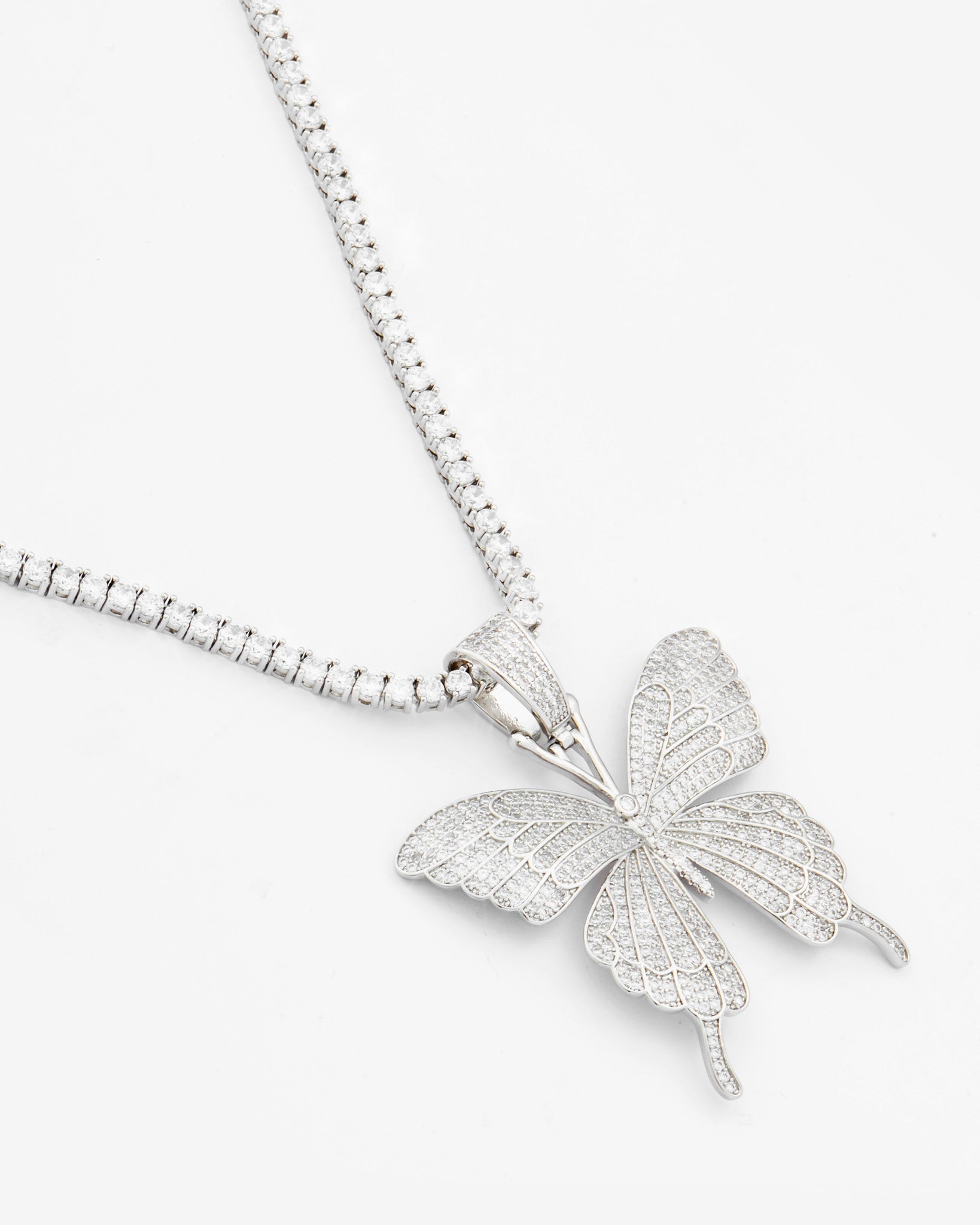 Iced Butterfly & 3mm Tennis Chain Necklace - White Gold – Cernucci