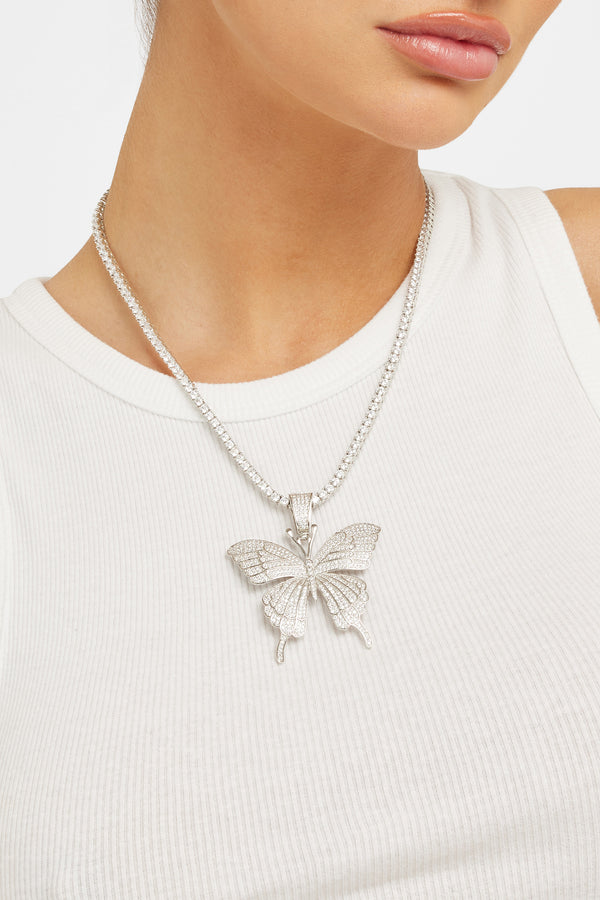 Iced Butterfly & 3mm Tennis Chain Necklace - White Gold