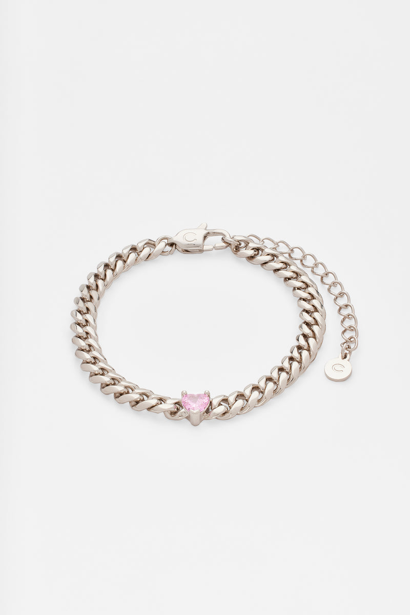 5mm Cuban Bracelet With Heart Stone - White Gold
