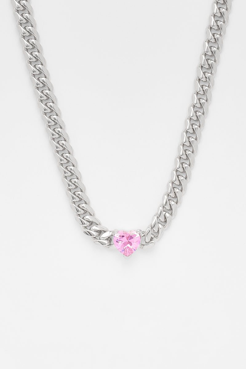 5mm Cuban Chain With Heart Stone - White Gold