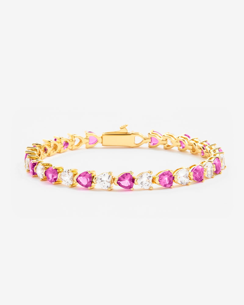 5mm White & Pink Heart Tennis Link Bracelet - Gold