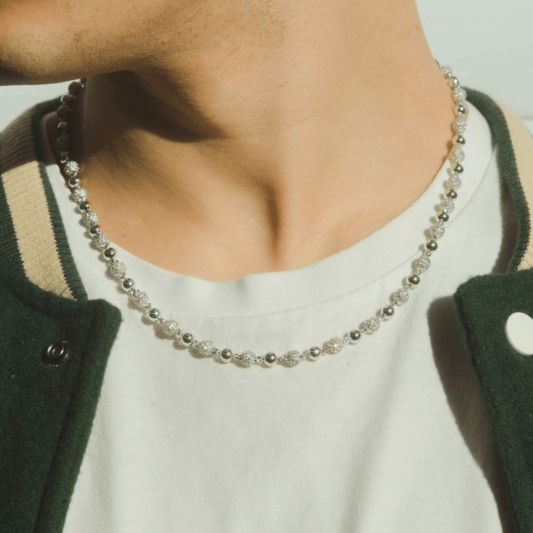 5mm Iced & Plain Ball Chain - White Gold - Cernucci