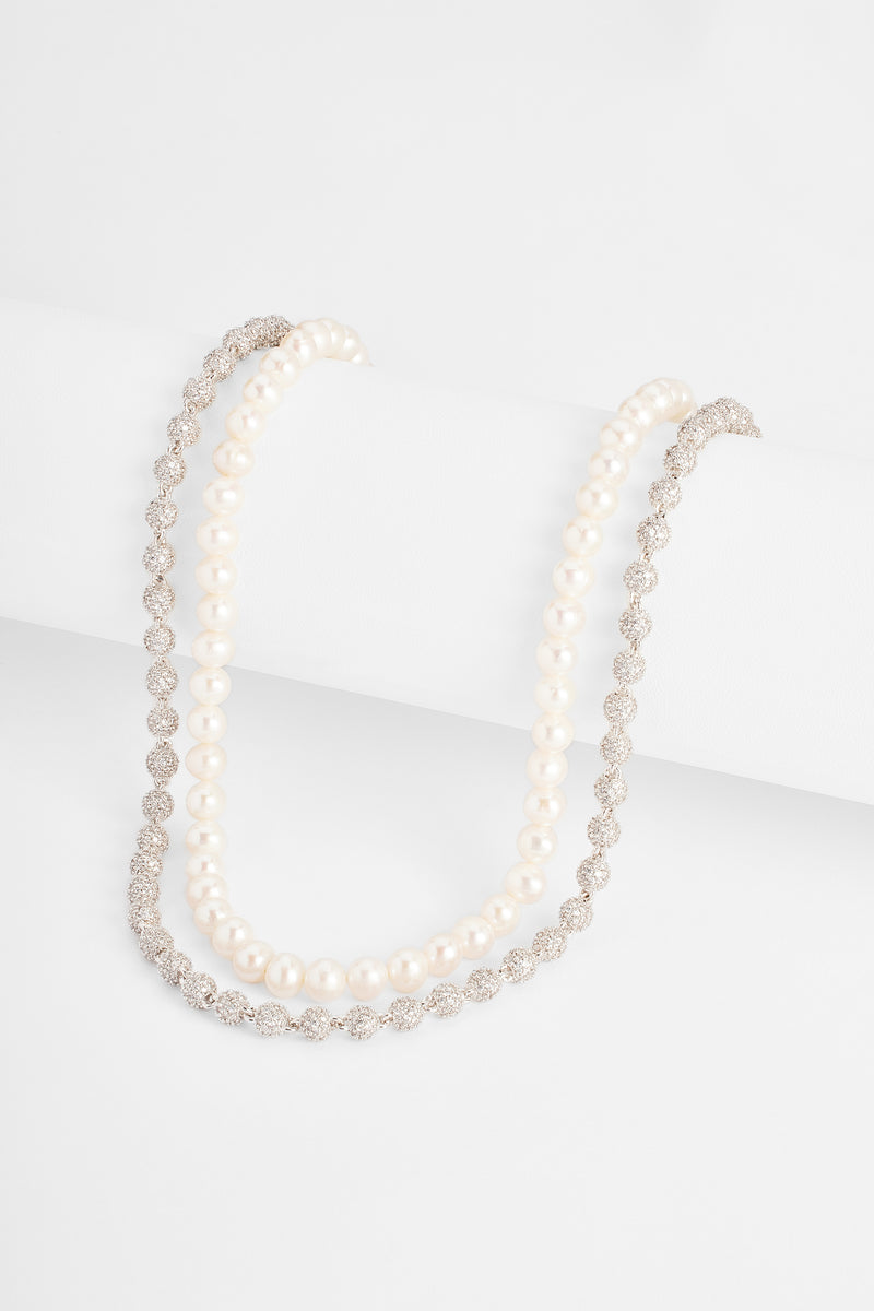 6mm Pearl Necklace + 5mm Iced Ball Chain Bundle