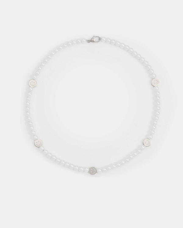 6mm Pearl & Face Motif Necklace - White Gold