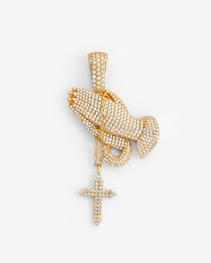 Iced Praying Hands Pendant - Gold