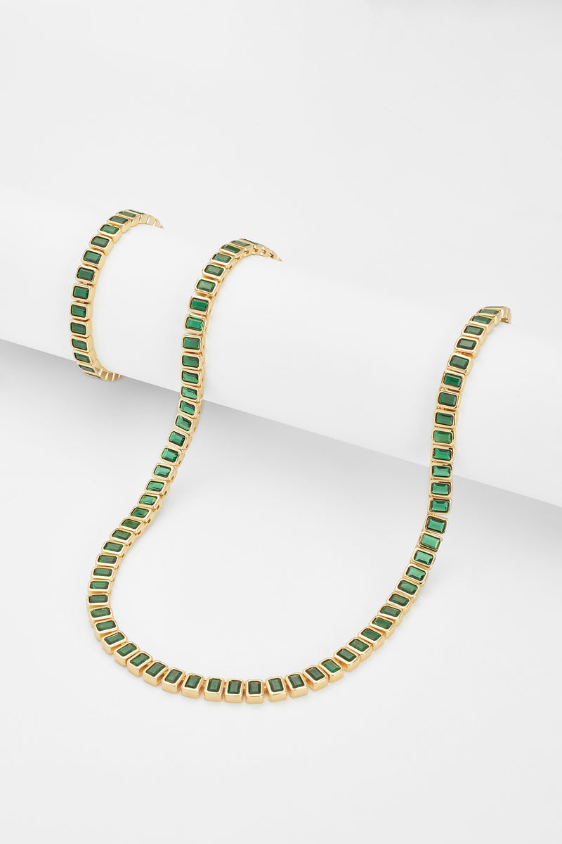 Green Bezel Tennis Chain + Bracelet Bundle - Gold