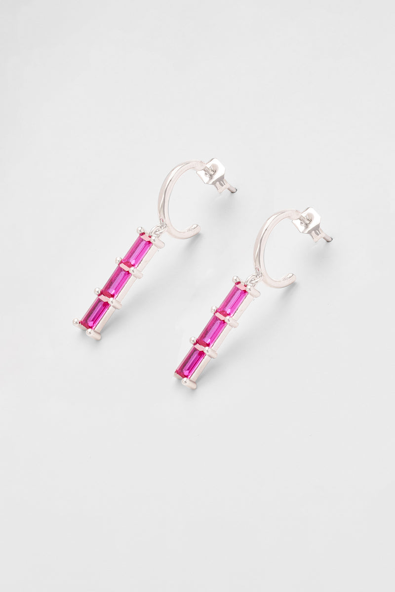 Clear Pink Stone Baguette Drop Earrings - White Gold
