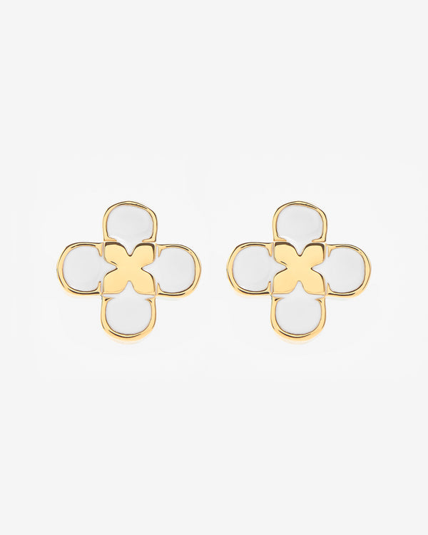 Floral Motif Stud Earrings - Gold & White