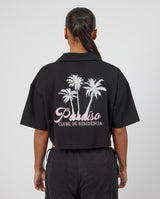 Boxy Cropped Paradise Bowling Shirt - Black