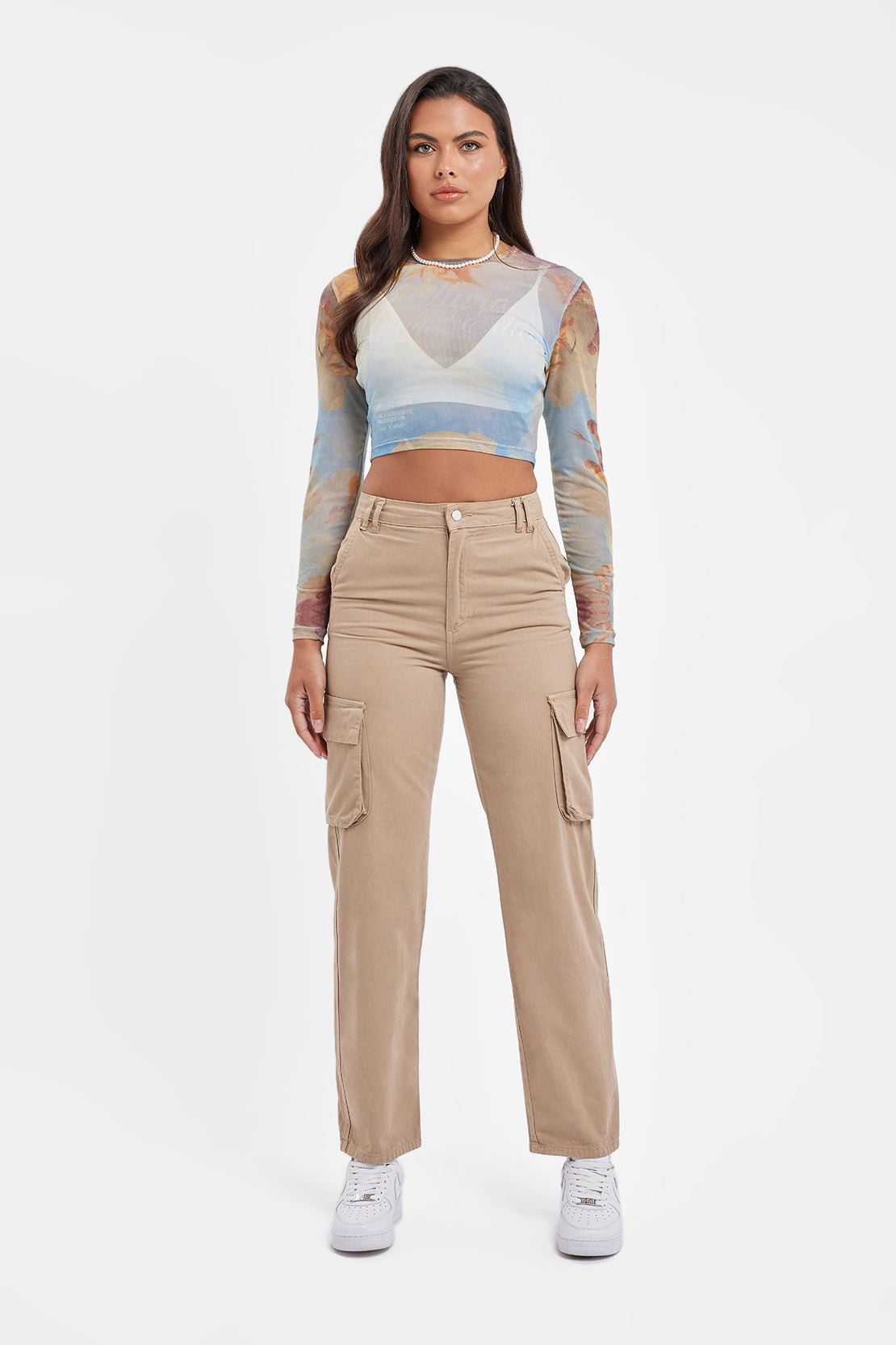 Langärmliges Oberteil mit Netzmuster und Print - Mehrfarbig