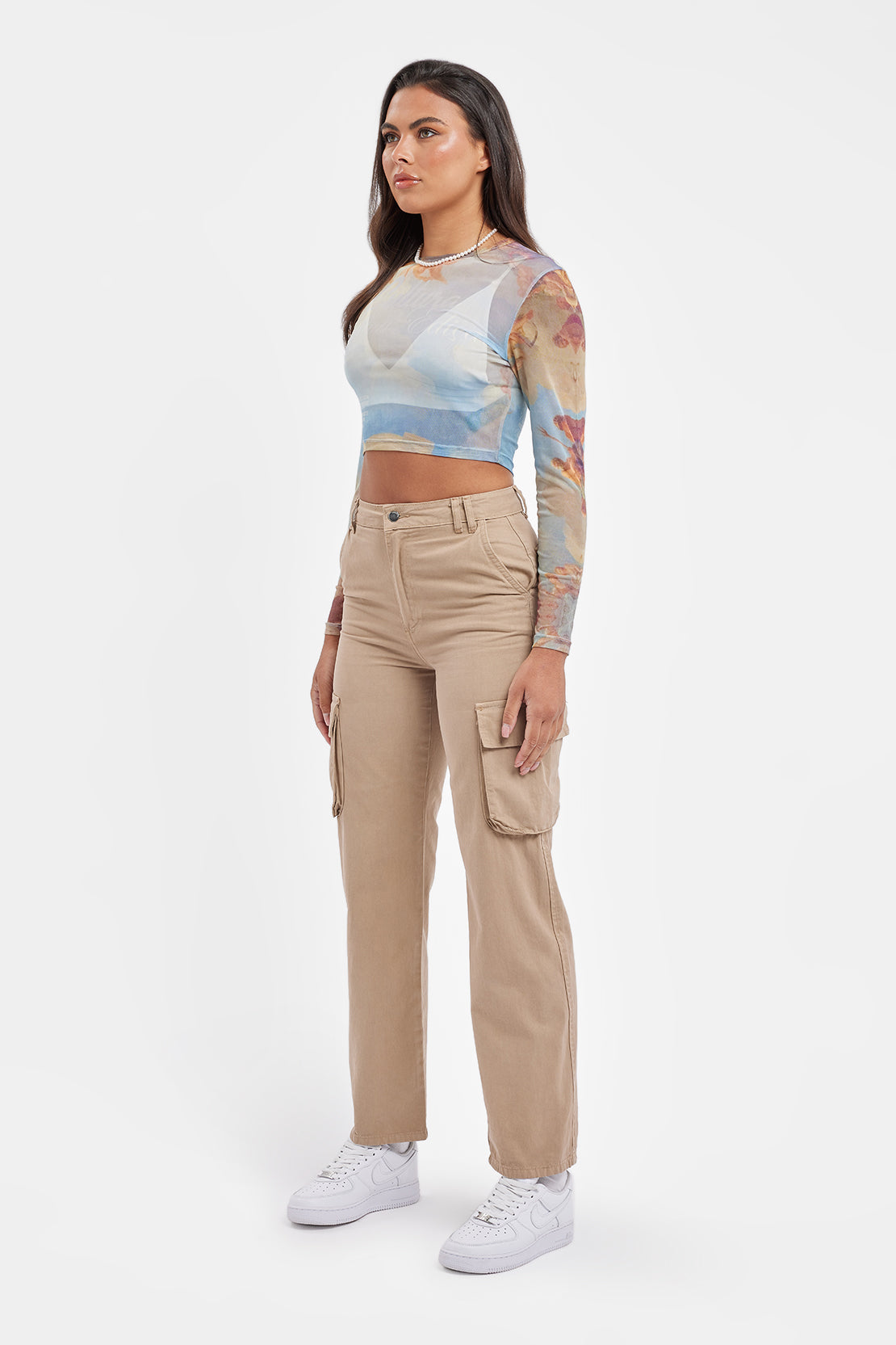 Langärmliges Oberteil mit Netzmuster und Print - Mehrfarbig