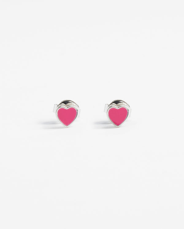 Hot Pink Heart Enamel Stud Earrings - White Gold