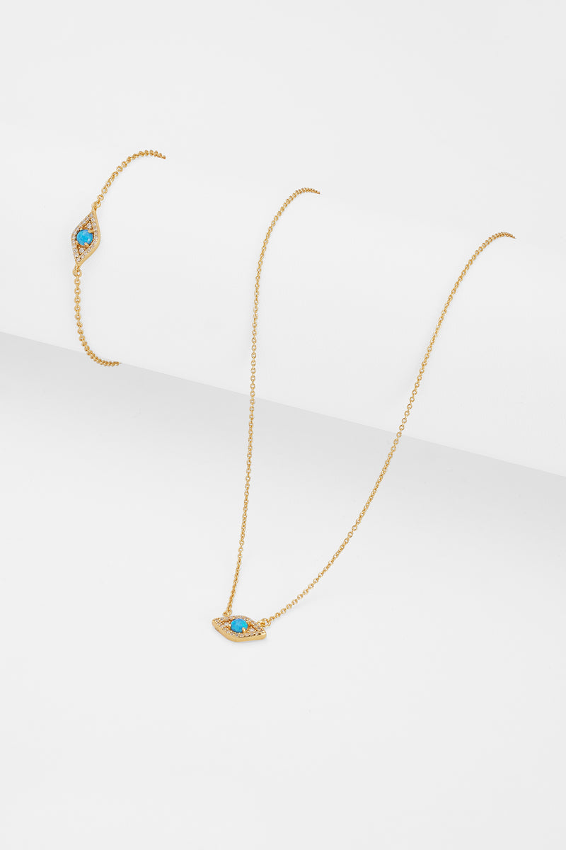 Iced Blue Opal Mini Evil Eye Necklace + Bracelet Bundle - Gold