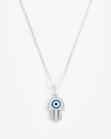 Iced Hamsa Hand Motif Necklace - White Gold