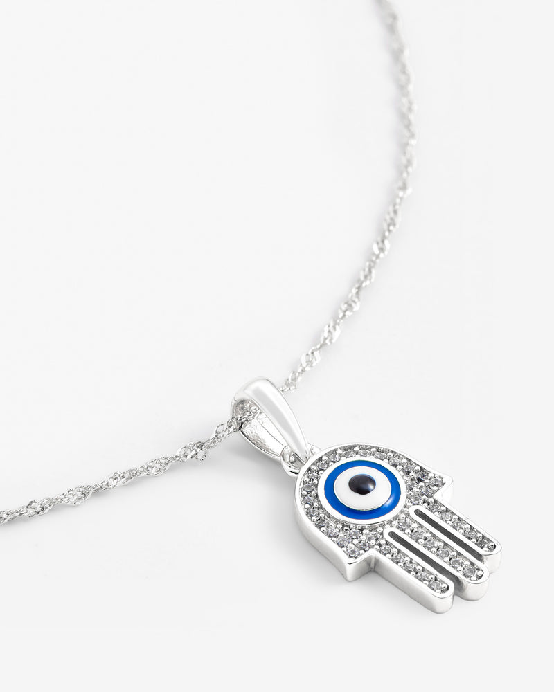 Iced Hamsa Hand Motif Necklace - White Gold