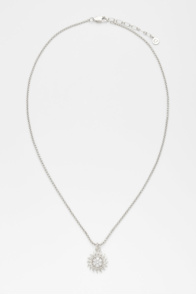 Iced Sunburst Box Chain Necklace - White Gold
