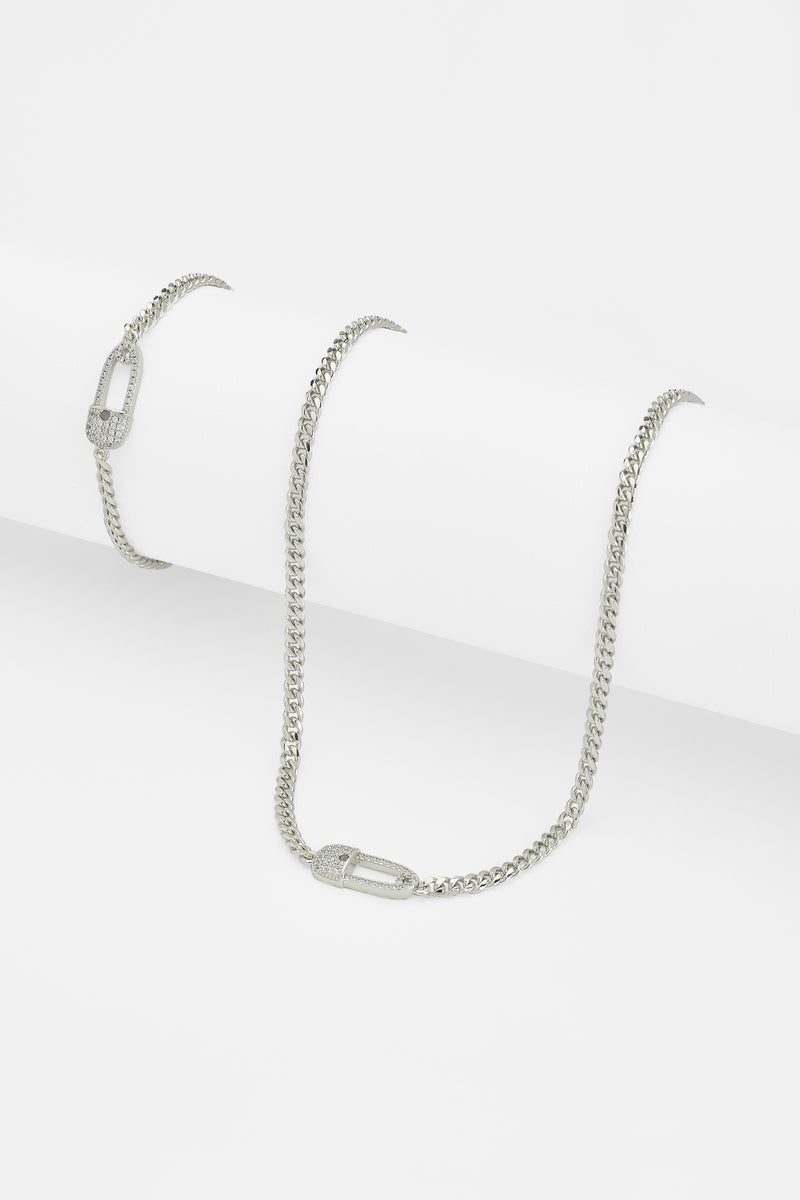 Iced Safety Pin Necklace + Bracelet - White Gold