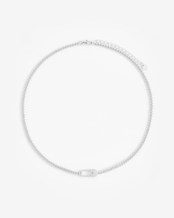 Iced Safety Pin Necklace - White Gold
