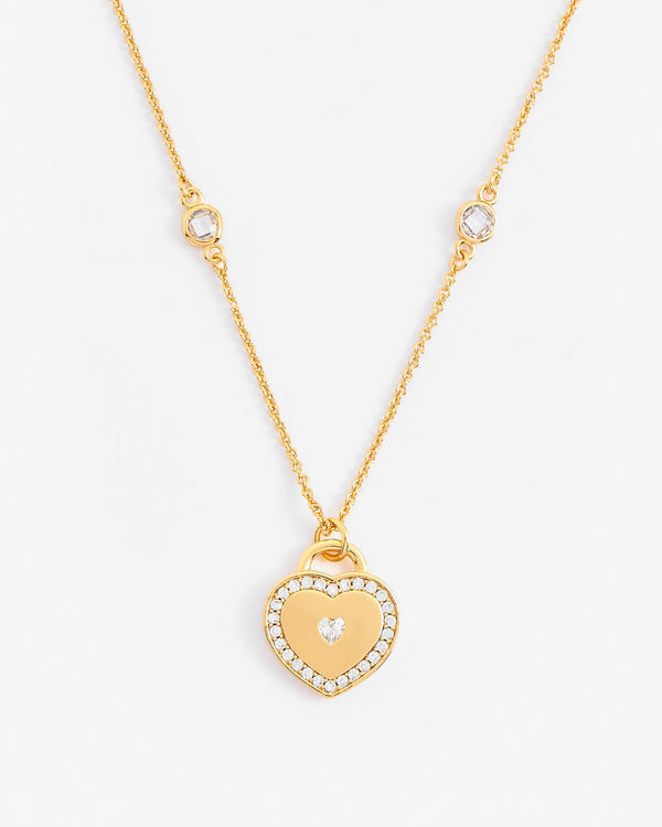Iced Stone Heart Bezel Necklace - Gold