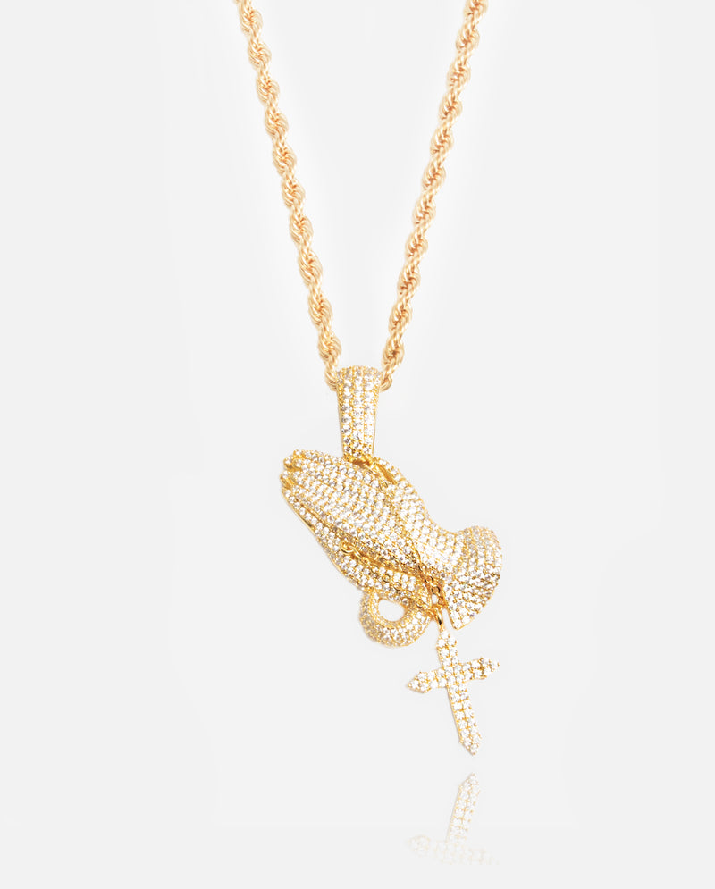 Iced Praying Hands Pendant - Gold
