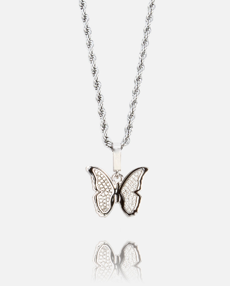 Iced Butterfly Pendant - White Gold