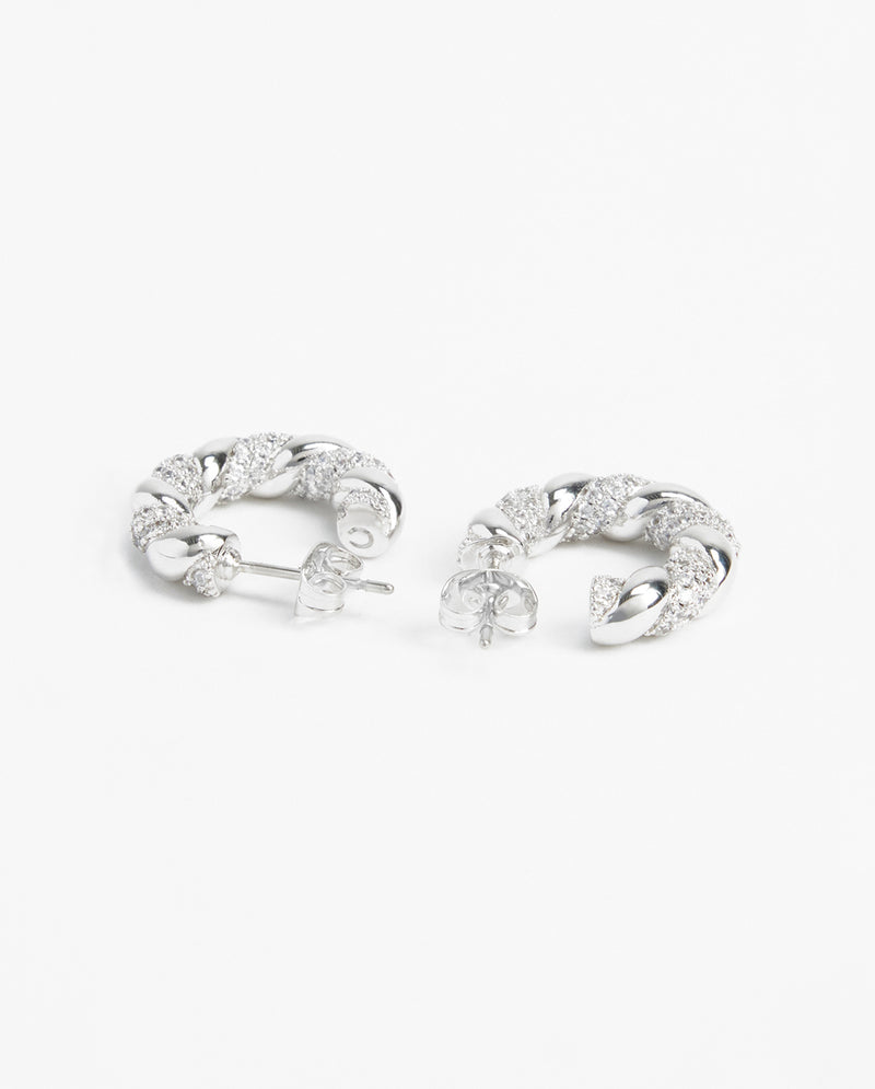 Polished And Iced Twist Hoop Earrings - White Gold