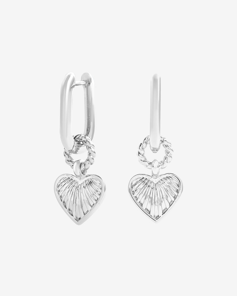 Rectangle Heart Charm Huggie Earrings - White Gold