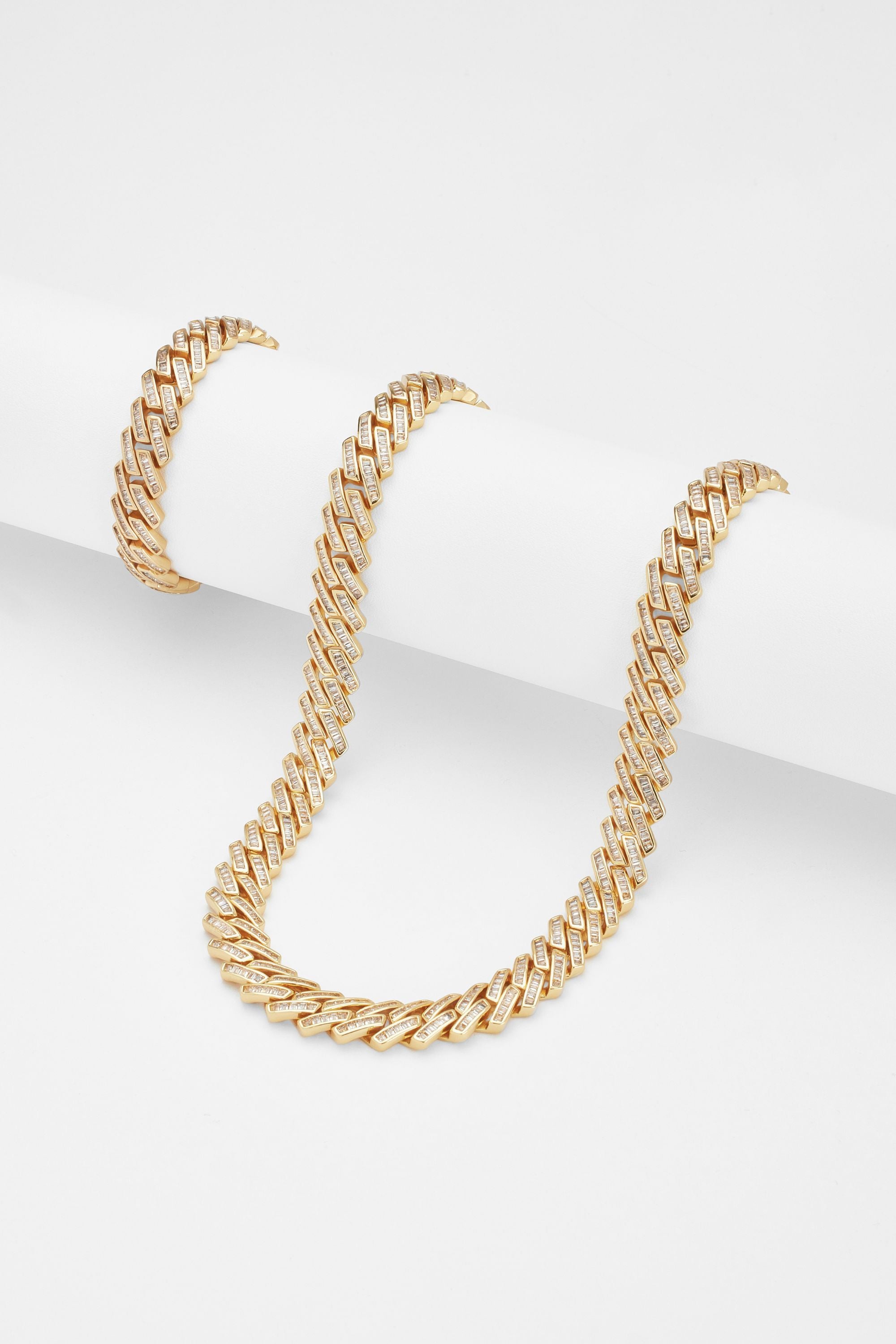 12mm Baguette Prong Cuban Chain + Bracelet Bundle - Gold