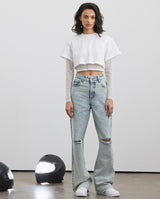Double Layer Mesh Sleeve Crop Top - White