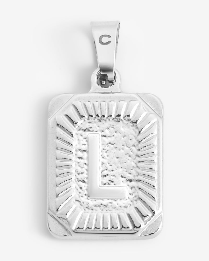 Vintage Inspired Initial Rectangle Pendant L - White Gold