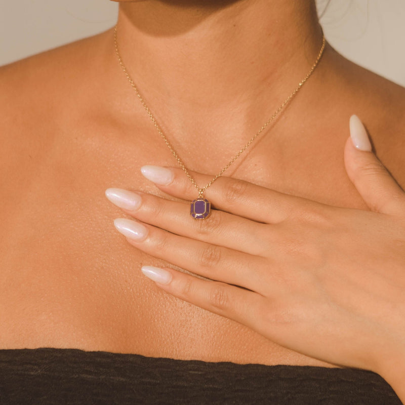 Emerald Cut Charm Necklace - Purple - Cernucci