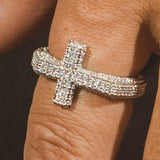 Iced Single Cross Ring - White Gold - Cernucci